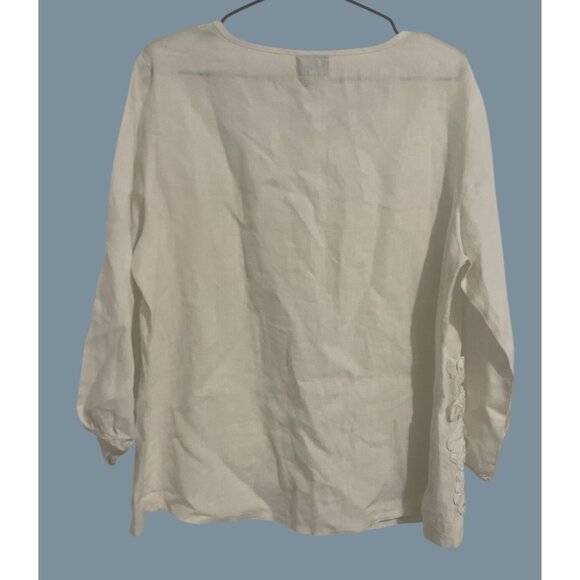 Womens White Linen Long-Sleeve Blouse With Floral Applique Size L Elegant Comfo - Picture 3 of 6